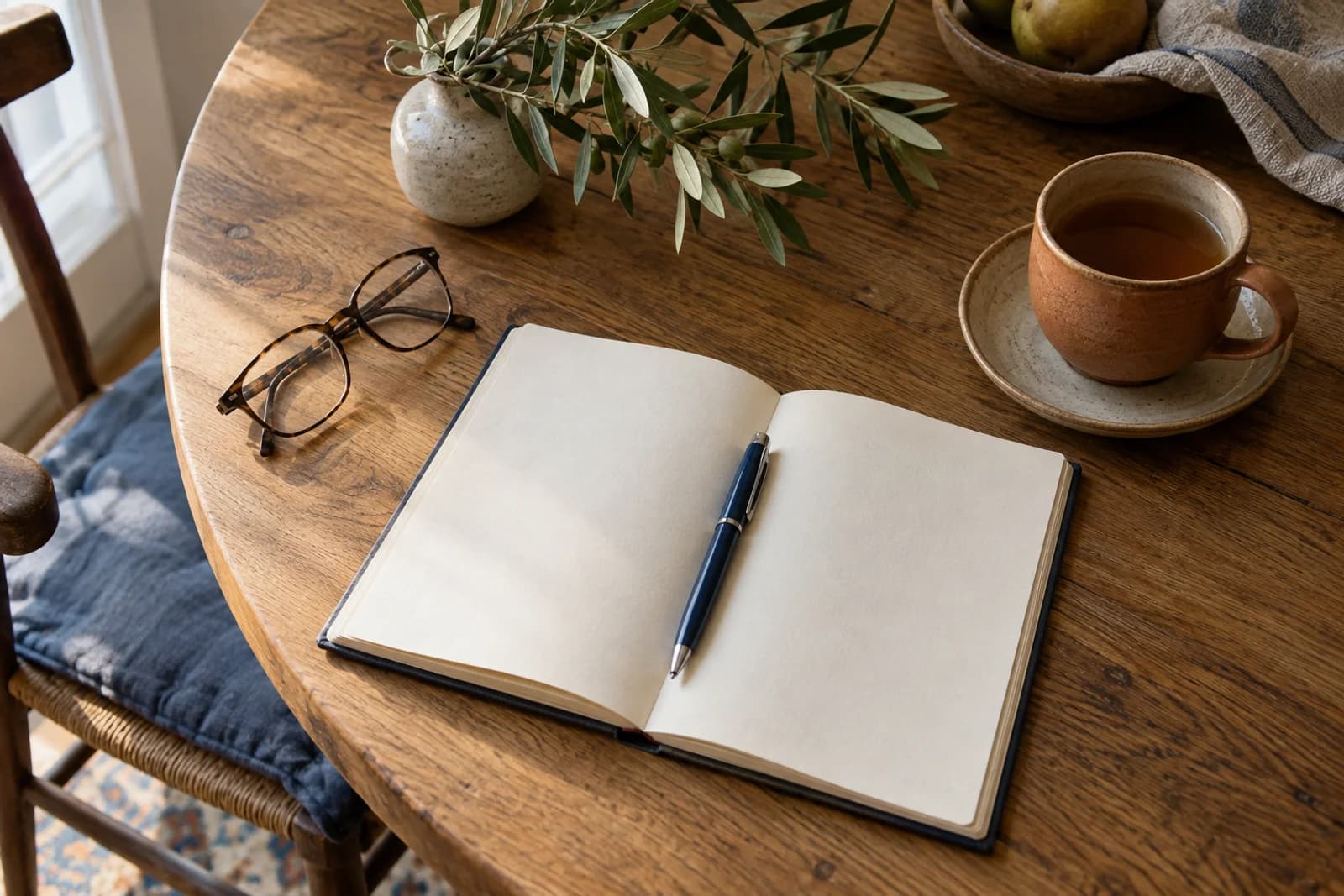 An open notebook, reading glasses, and tea on a wooden table